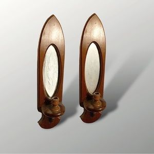 Vintage Pair Wood Candle and Mirror Sconces